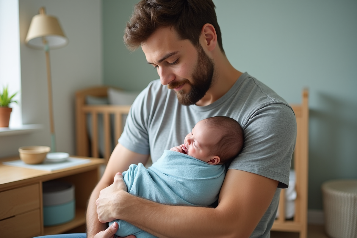 Père tenant son bébé dans un environnement calme