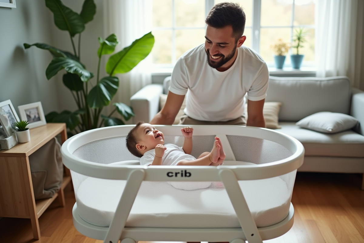 Père américain déposé son bébé dans un berceau blanc dans le salon