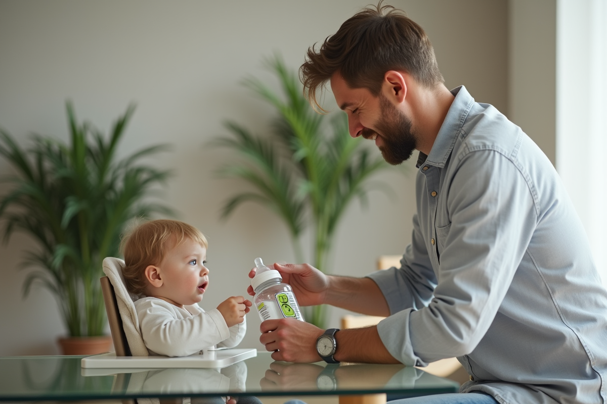 Papa remplissant le biberon pour son bébé dans la salle à manger