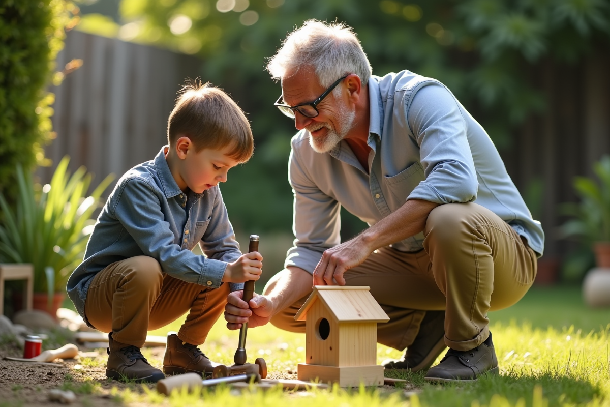 Père aidant son fils à construire une cabane dans le jardin