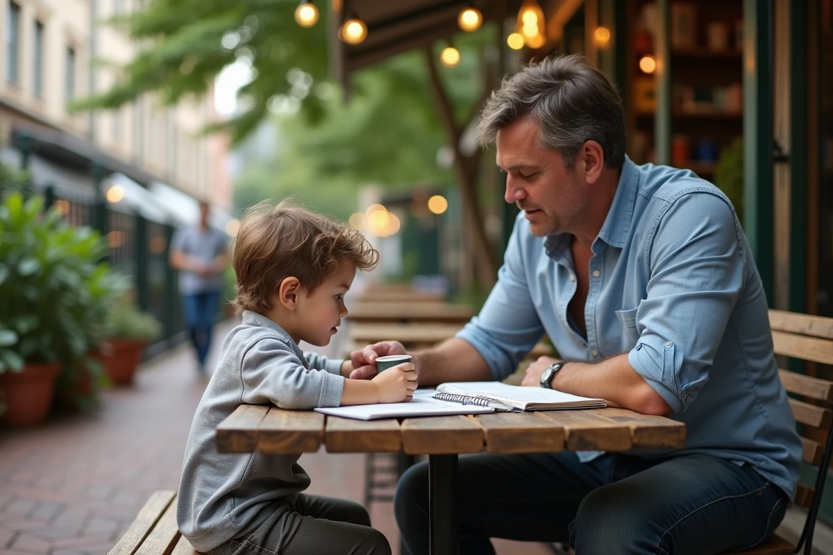 Pere et fils discutent autour de boissons dans un café en plein air