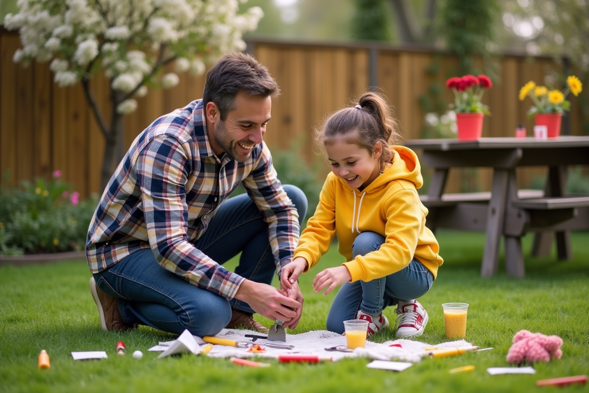 Père et fille créant une chasse au trésor dans le jardin