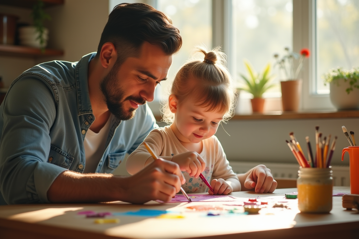 Père encourageant son enfant à peindre dans une cuisine ensoleillée