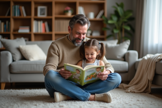 Père et fille lisant un livre dans le salon chaleureux