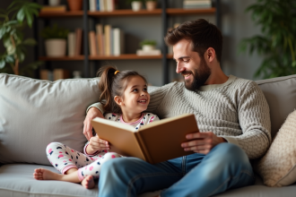 Père lisant un livre à sa fille dans un salon chaleureux