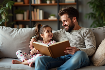 Père lisant un livre à sa fille dans un salon chaleureux