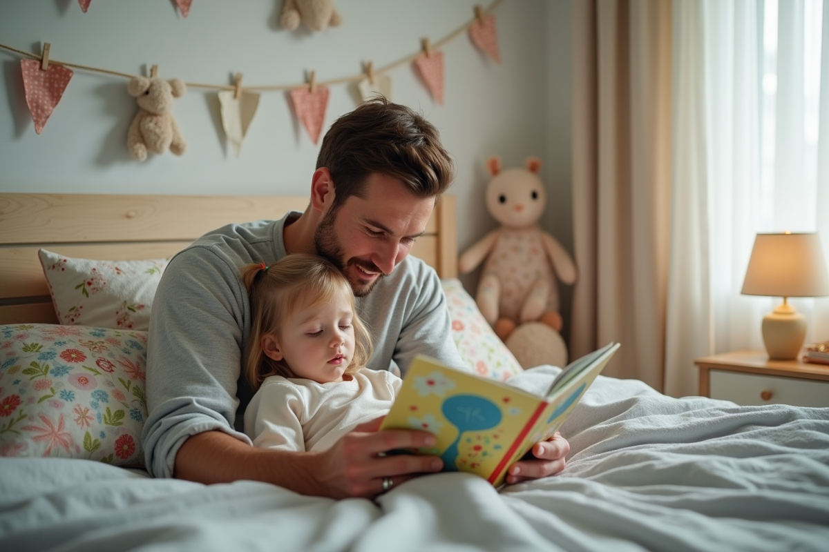 Papa lit une histoire à sa fille dans la chambre