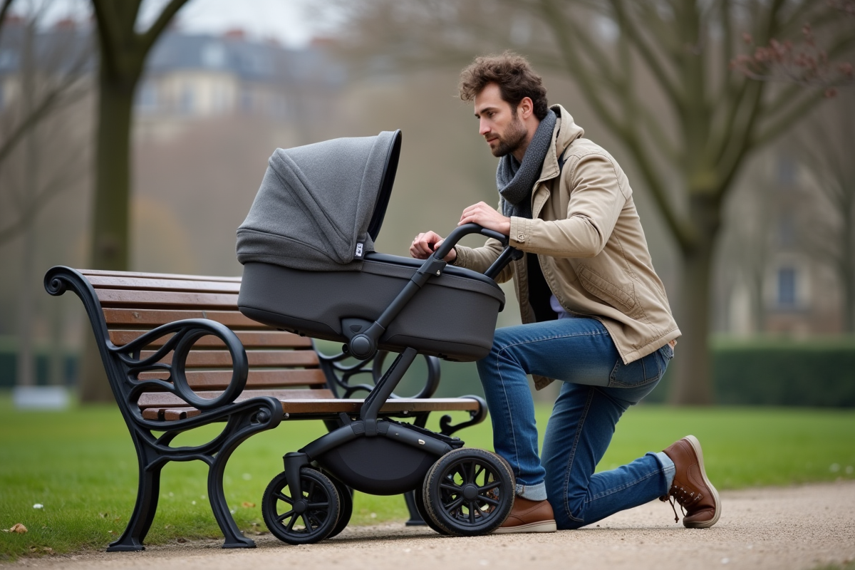 Père français assemblant une poussette dans un parc parisien