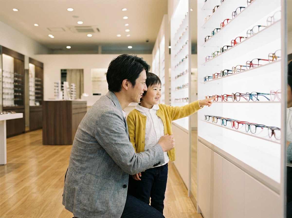 Parent et enfant choisissant ensemble des montures de lunettes pour enfants dans un magasin d'optique