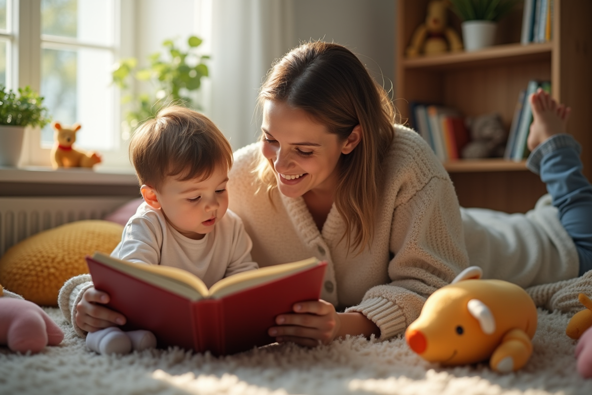 Parent lisant un livre à son enfant à la maison