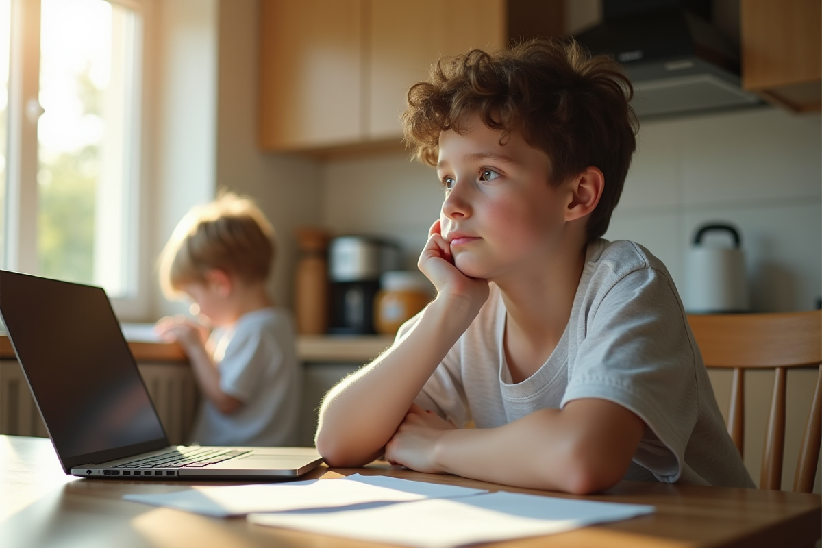Parent pensif travaillant à la maison avec enfant en arrière-plan