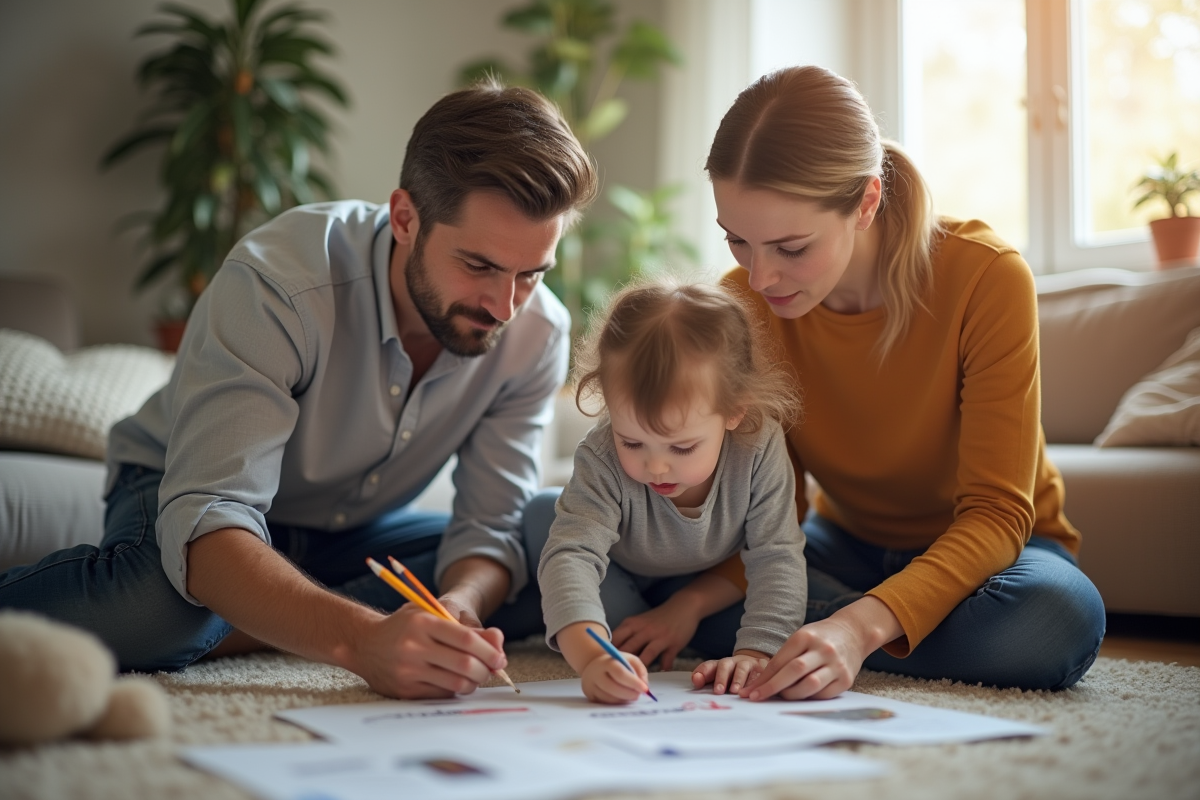 Deux parents discutant avec enfant dessinant dans le salon
