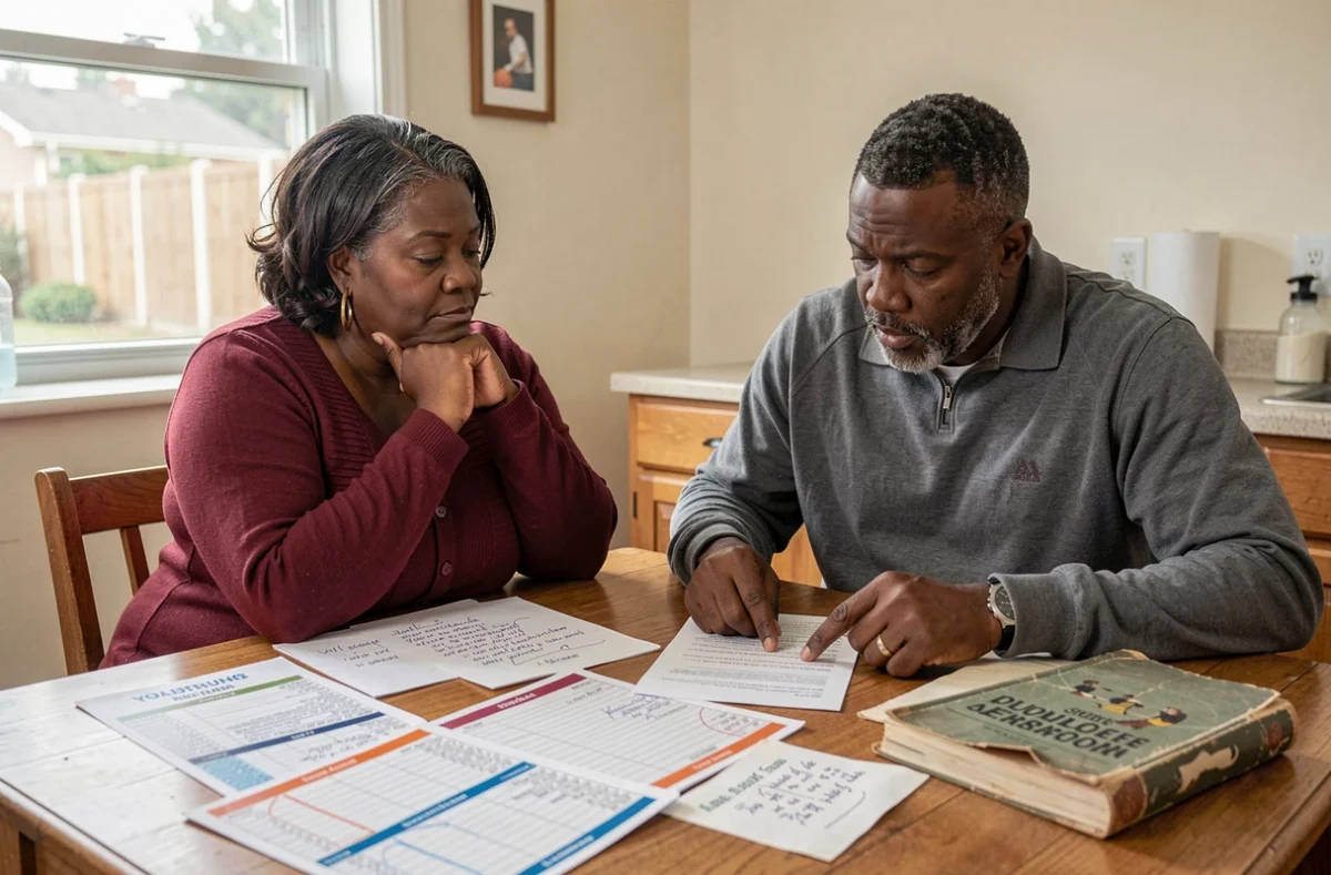 Parents africains planifiant la carrière sportive de leurs enfants prodiges autour d'une table familiale, symbolisant le soutien parental des frères Doué