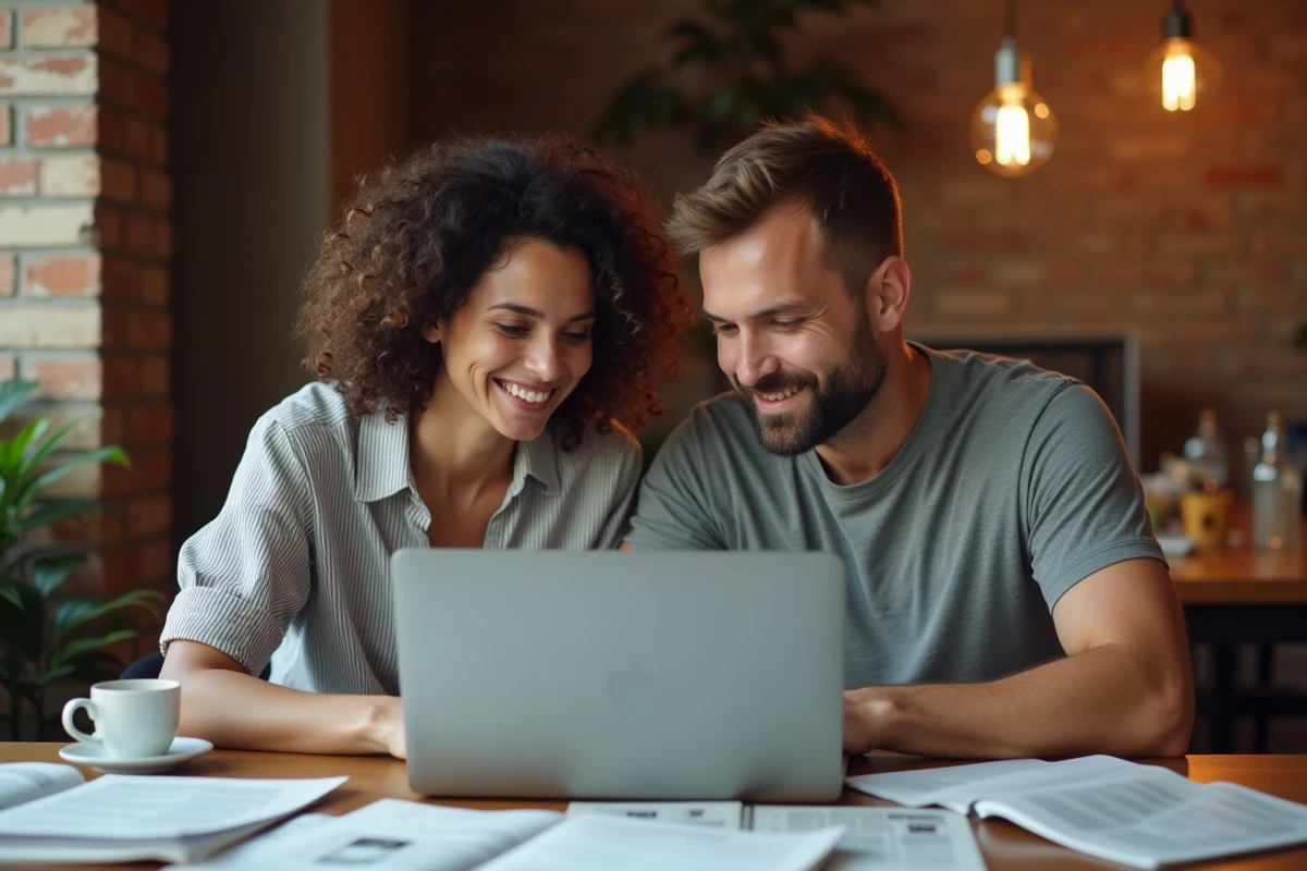 Deux parents consultant ensemble des ressources en ligne et des articles imprimés pour trouver des informations fiables sur l'éducation de leur enfant