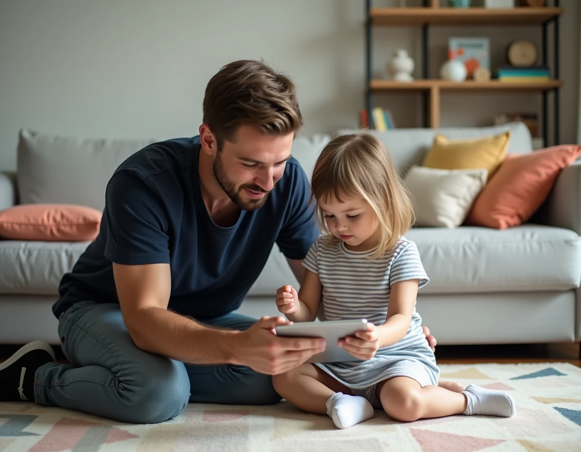Père et petite fille explorant ensemble un outil de coaching parental sur une tablette dans un salon familial