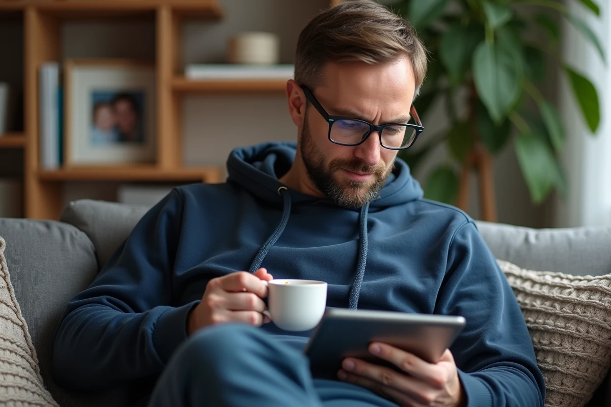 Père lisant un forum de parents sur une tablette dans le salon, cherchant des conseils fiables sur l'éducation