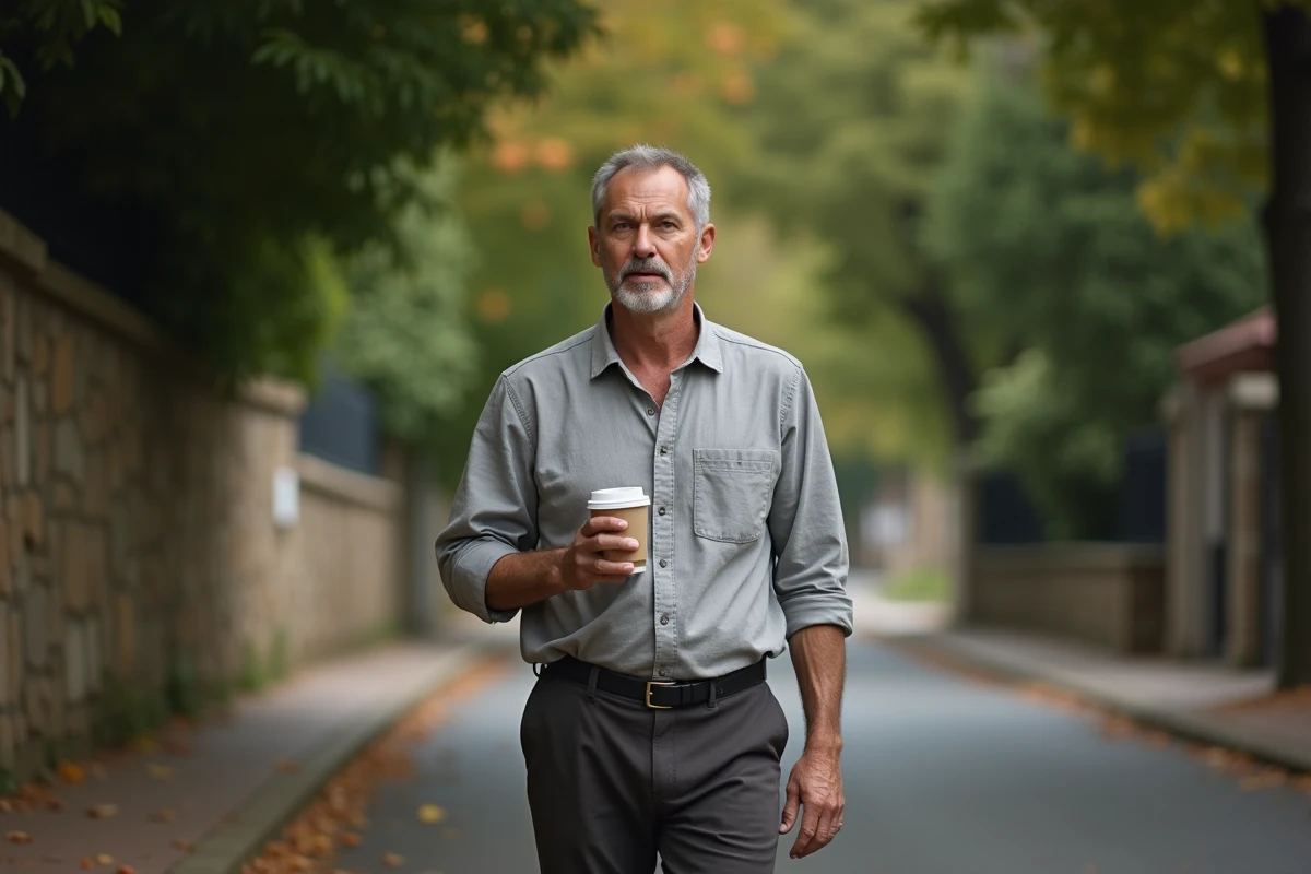 Homme public se promenant dans une rue résidentielle, symbolisant la protection de la sphère privée et familiale