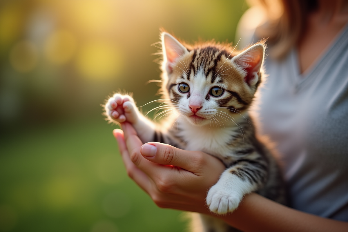 Personne tenant un chaton tricolore dans un jardin