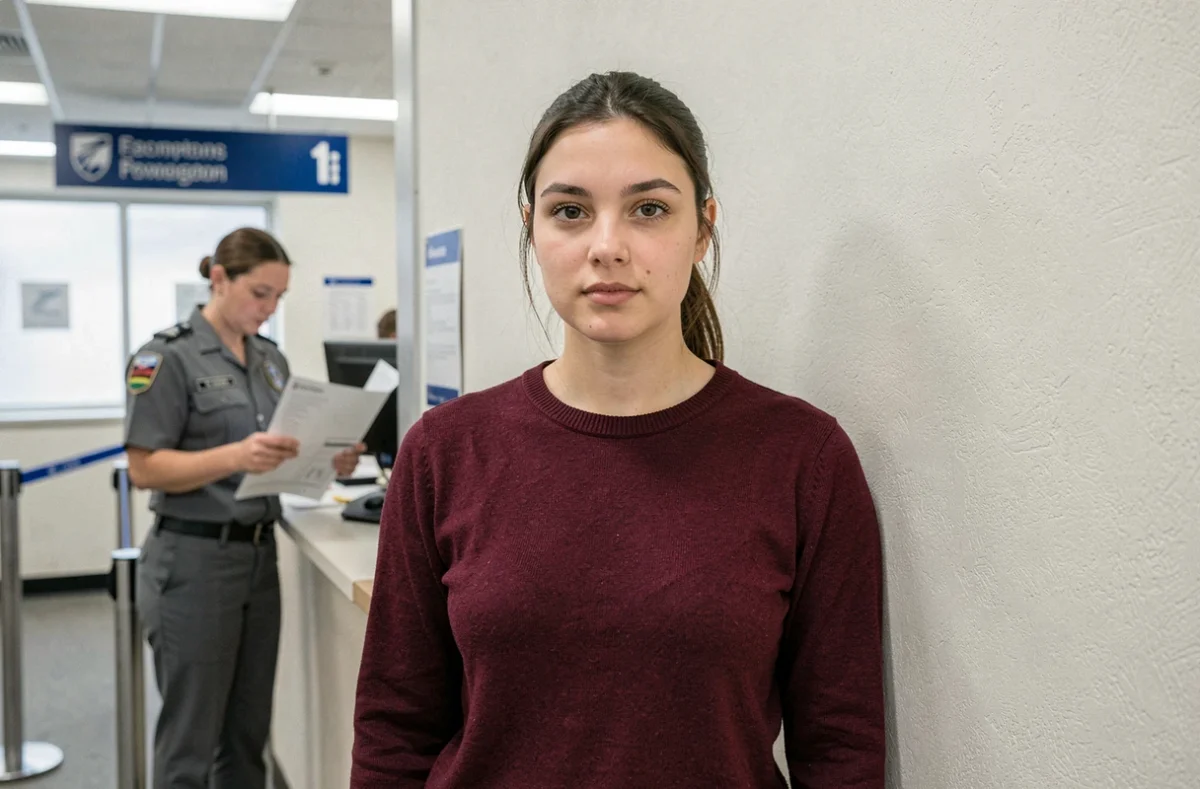 Jeune femme dans un bureau de poste pour réaliser une photo d'identité officielle pour son passeport