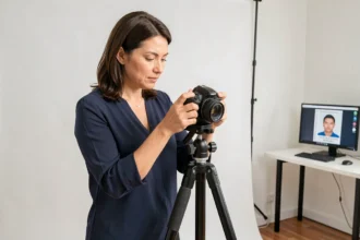 Photographe agréée dans un studio professionnel prête à réaliser des photos d'identité pour passeport