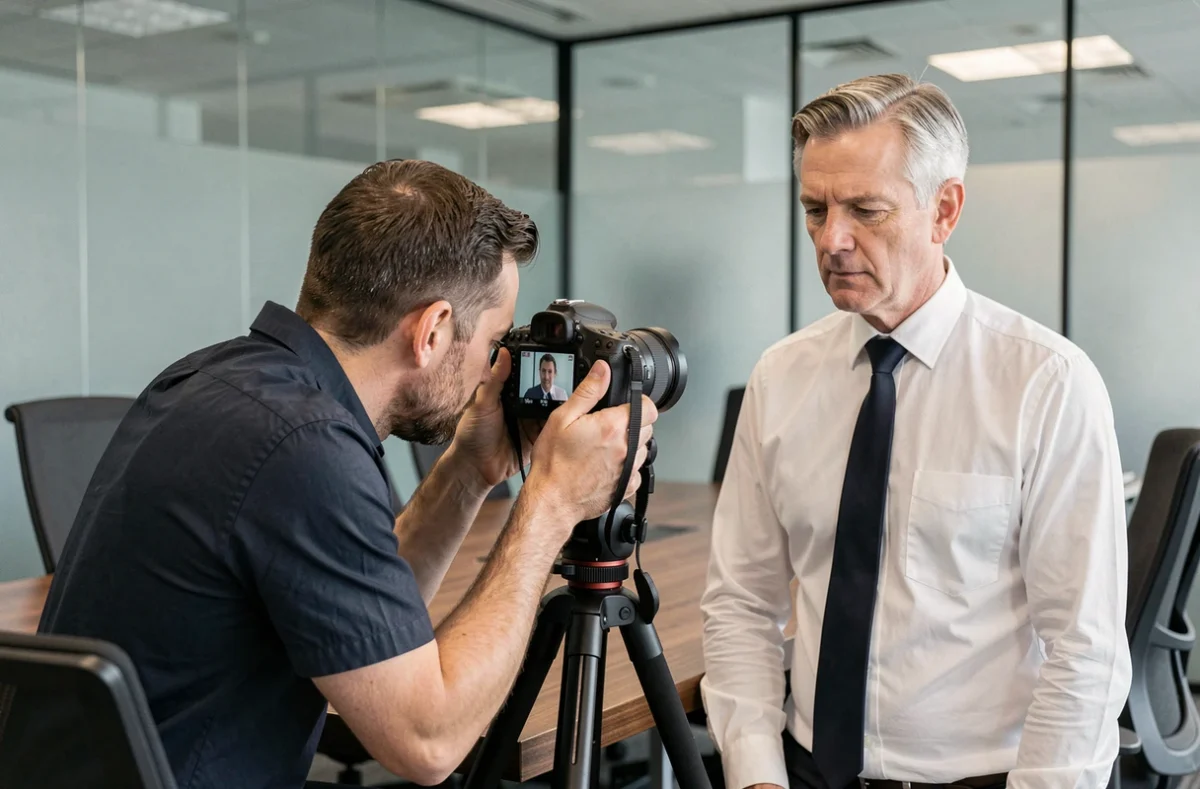 Photographe et cadre en entreprise révisant un portrait de trombinoscope sur l'écran de l'appareil photo en salle de réunion