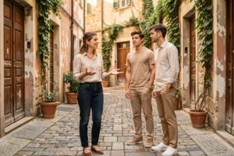 Photographe conseillant un couple sur le choix du décor en extérieur dans une cour pavée