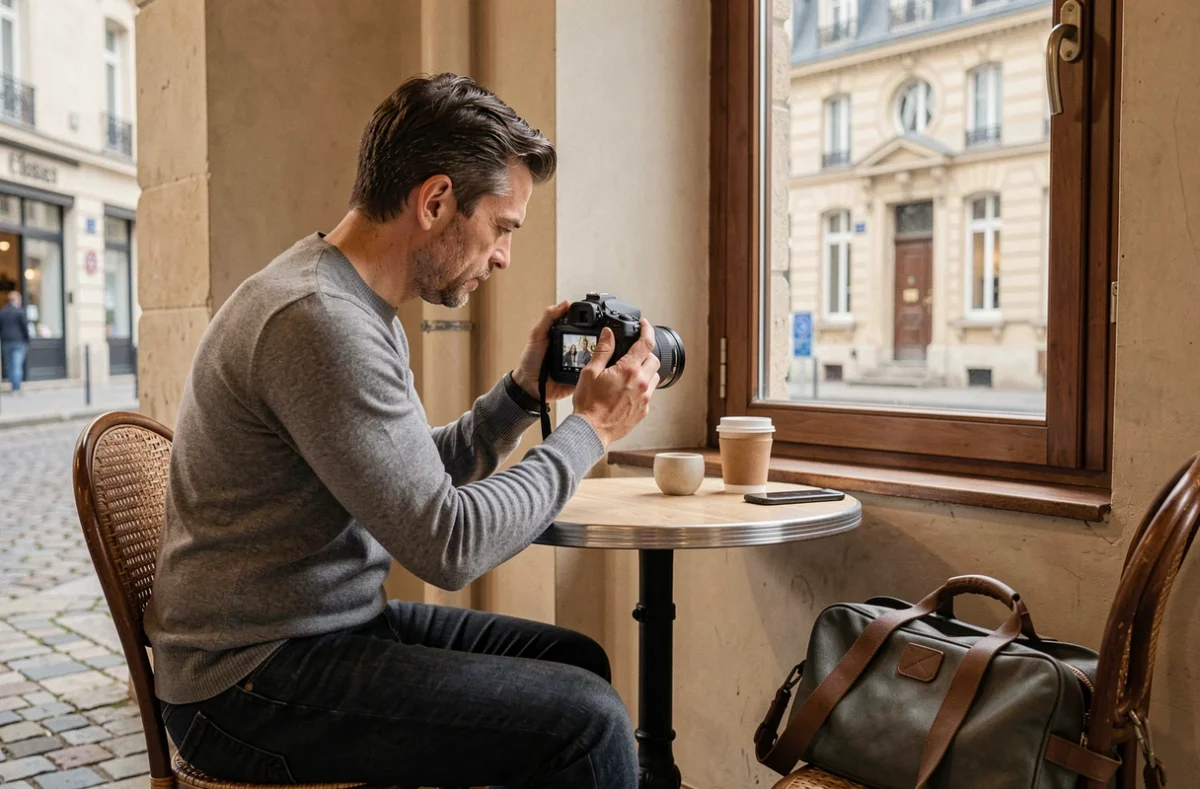 Photographe indépendant révisant ses clichés dans un café du centre-ville de Cugnaux
