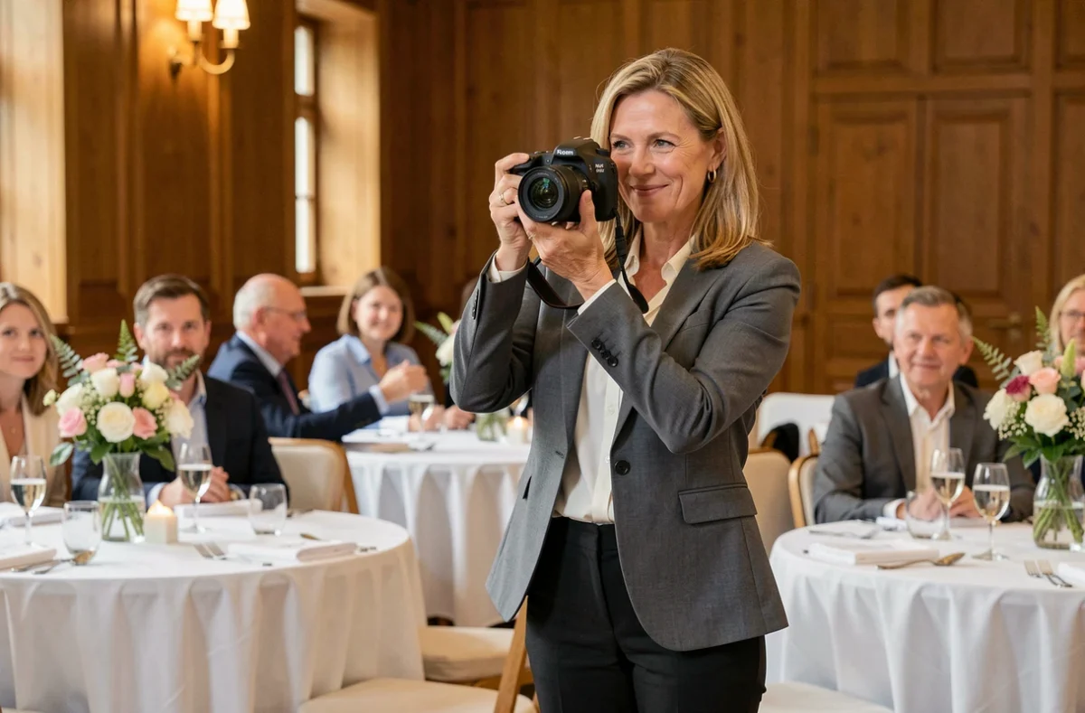 Photographe événementielle professionnelle lors d'un événement en salle à Cugnaux