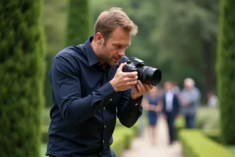 Photographe professionnel en action lors d'une réception de mariage en extérieur à Cugnaux