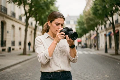 Photographe professionnelle à Palaiseau consultant ses clichés sur son appareil photo reflex en extérieur