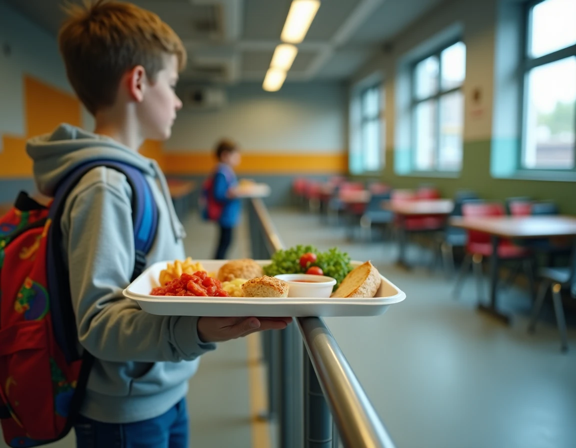 Plateau repas de cantine scolaire dans une école primaire française illustrant les frais de restauration scolaire déductibles