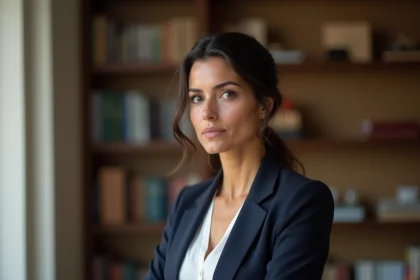 Portrait éditorial d'une femme élégante dans un appartement parisien moderne, illustrant un article sur la vie privée de Sabrina Medjebeur