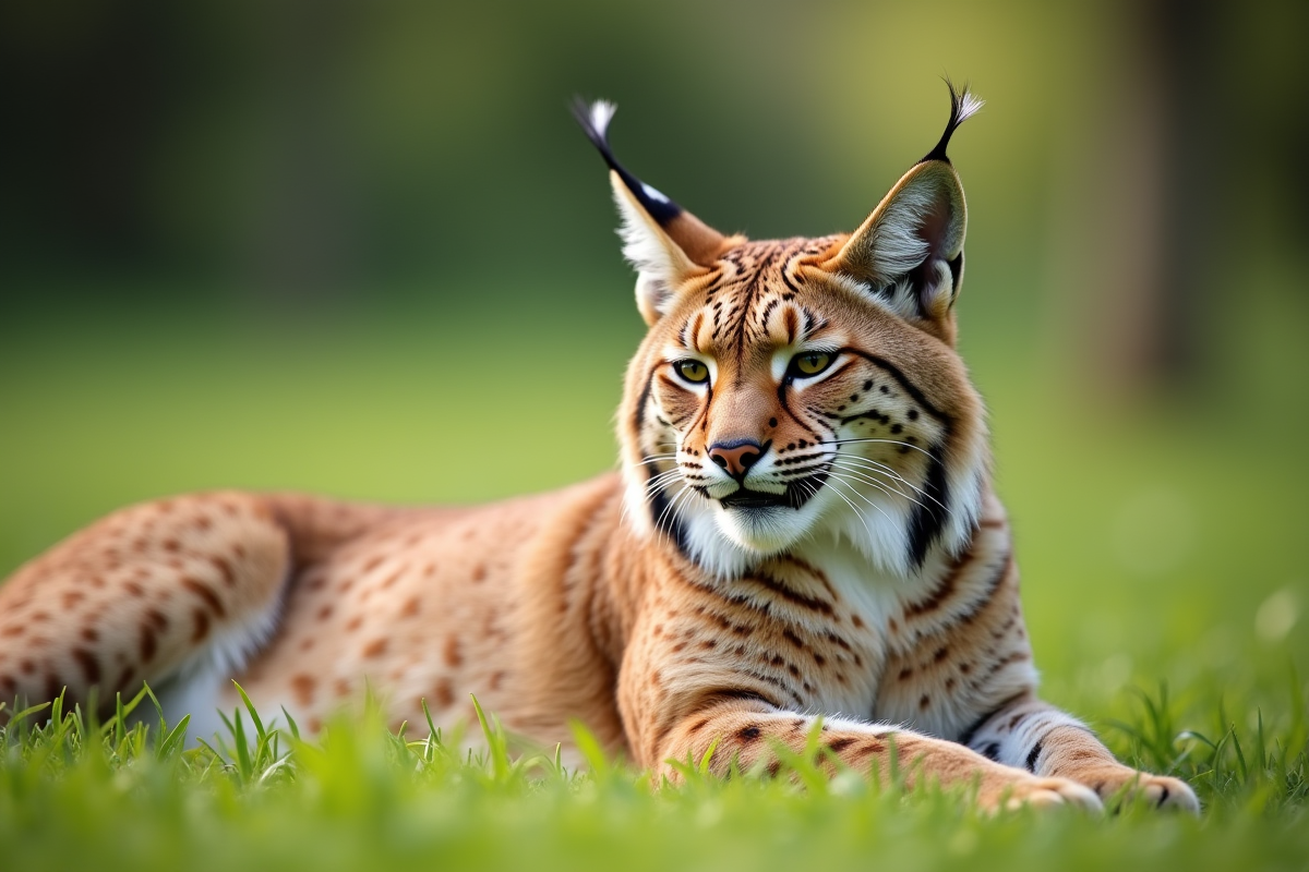 Portrait d’un lynx reposant dans un jardin vert au matin