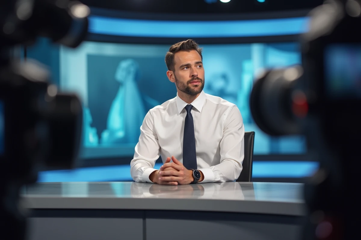 Professionnel des médias assis au bureau d'un journal télévisé dans un studio de télévision moderne