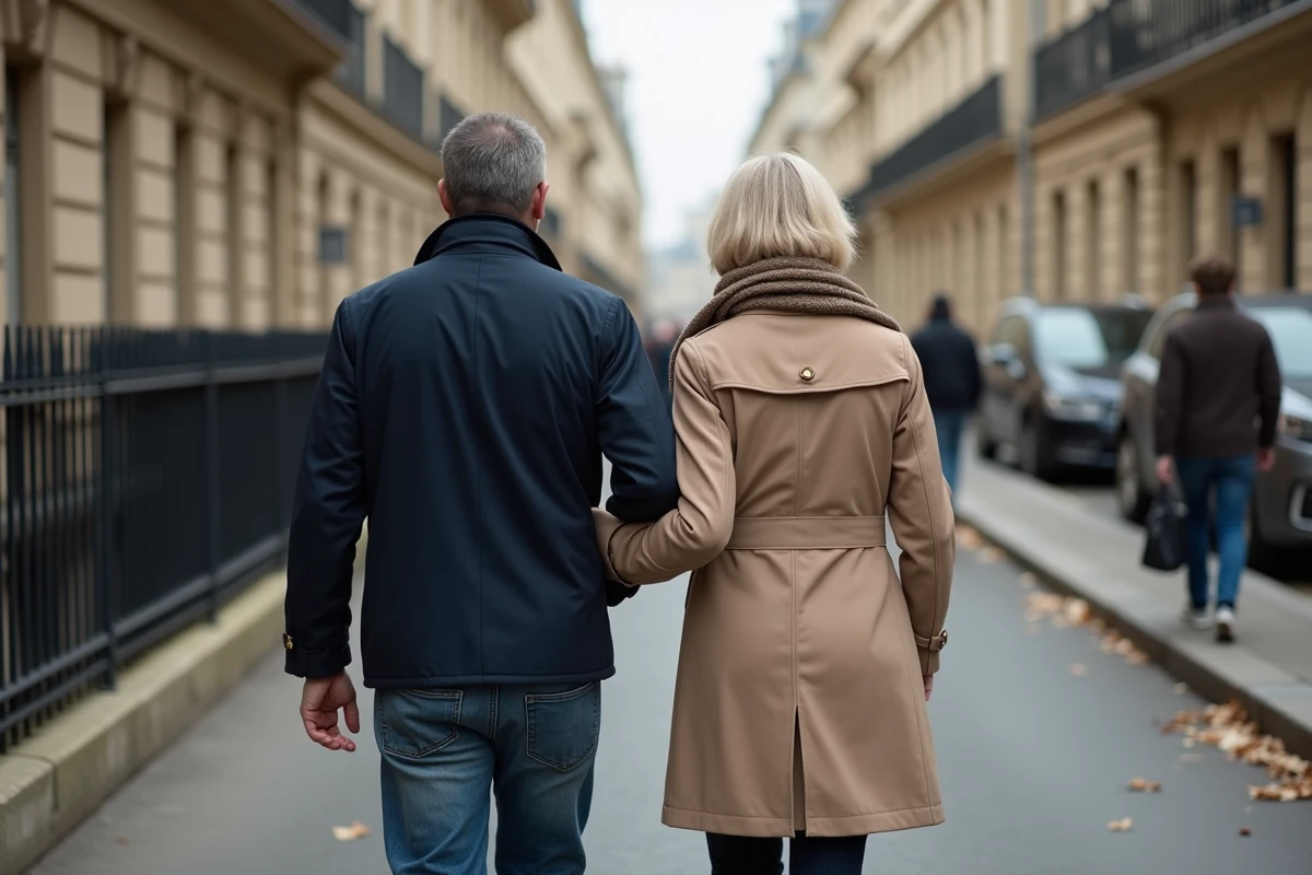 Couple marchant main dans la main dans une rue parisienne