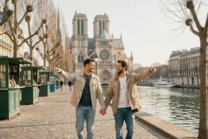 Couple se promenant sur les quais de la Seine à Paris un week-end ensoleillé, avec Notre-Dame en arrière-plan