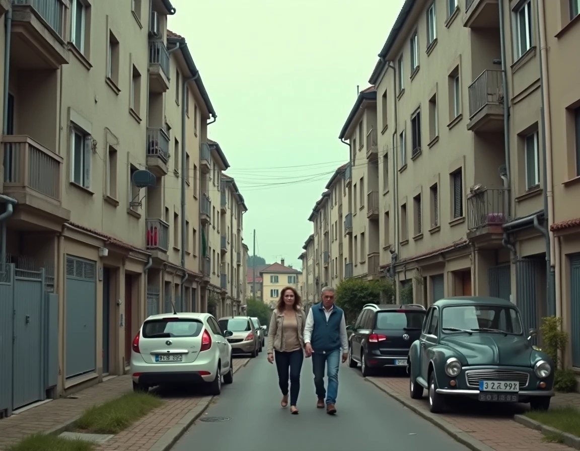 Rue d'un quartier populaire français avec des immeubles résidentiels des années 70, évoquant les origines familiales et sociales d'un homme politique