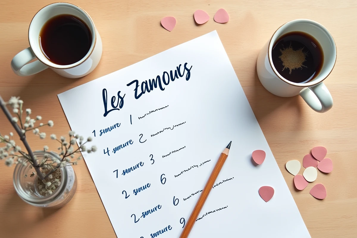 Vue aérienne d'un quiz Les Zamours imprimé avec stylo, cafés et décorations de mariage sur une table