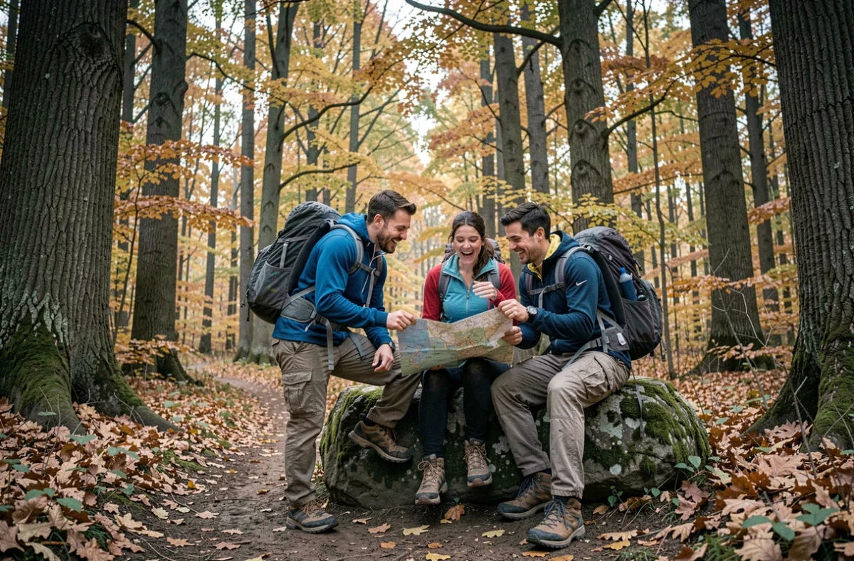 Groupe d'amis en randonnée dans la forêt de Fontainebleau, consultant une carte sur un rocher moussu