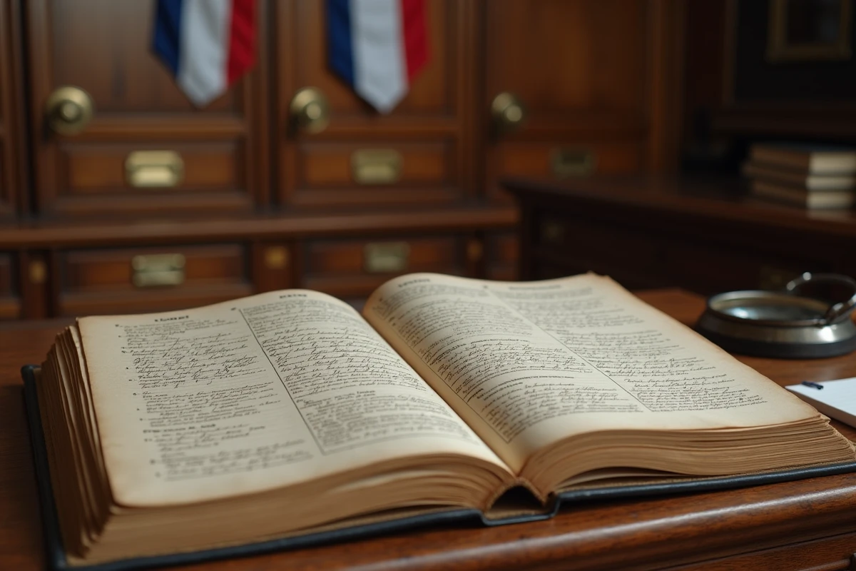 Registre d'état civil manuscrit ouvert dans une mairie française avec loupe et notes de recherche généalogique