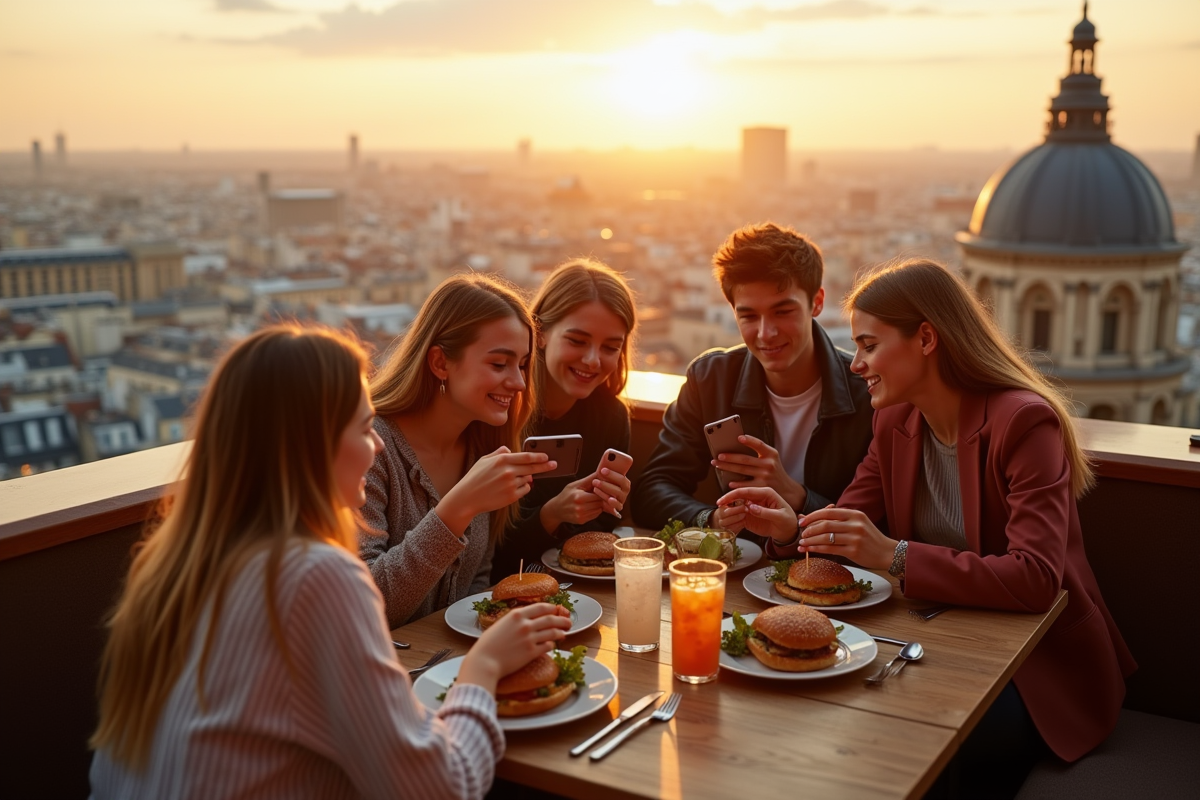 Amitiés prenant des selfies avec burgers créatifs sur un rooftop parisien