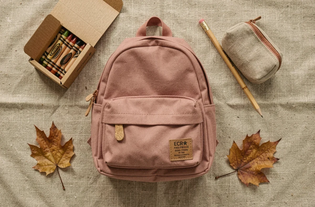 Vue à plat d'un sac à dos écoresponsable en coton bio pour maternelle avec fournitures scolaires durables