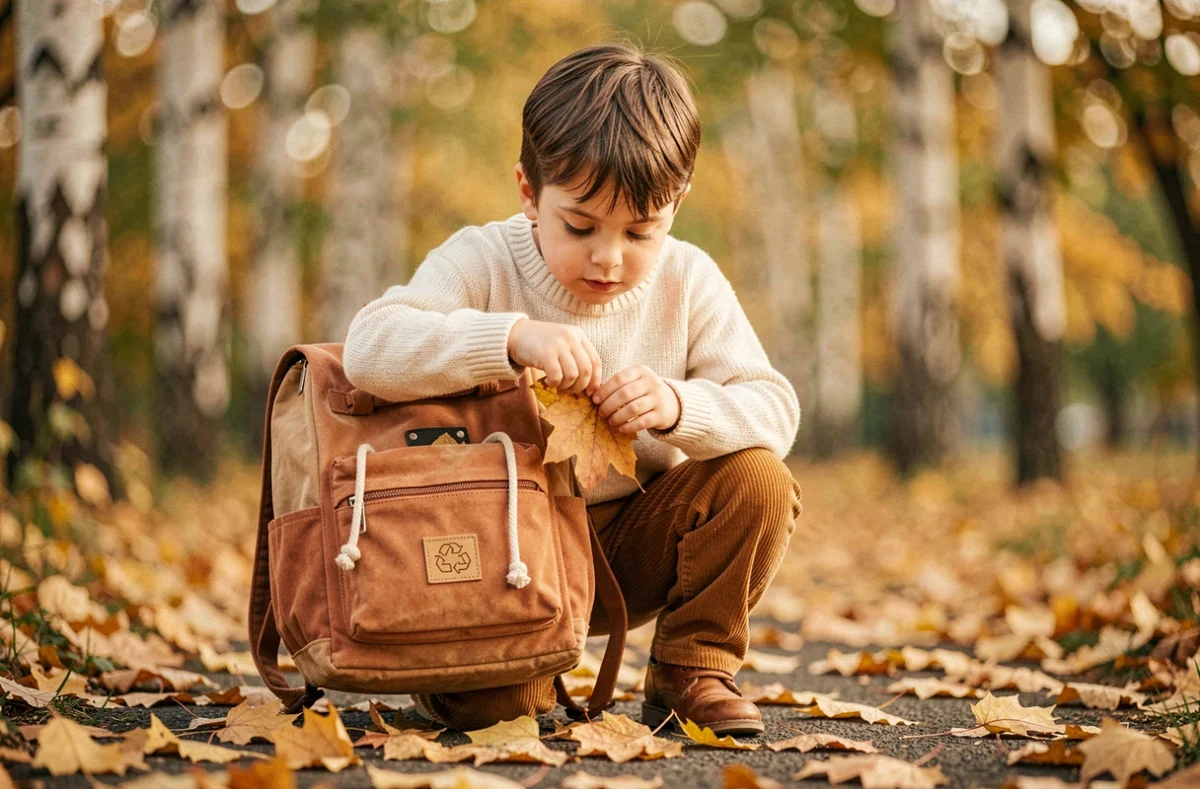 Petit garçon en bas âge rangeant une feuille d'automne dans son sac à dos écoresponsable dans un parc