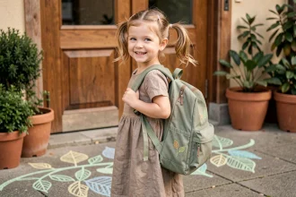 Petite fille en maternelle portant un sac à dos écoresponsable en tissu recyclé devant une école en bois