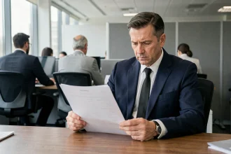 Employé en costume sombre consultant un document administratif dans un bureau d'entreprise pour connaître ses droits lors d'un congé pour obsèques