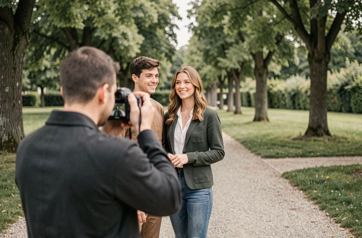 Séance photo en plein air à Palaiseau avec un photographe professionnel photographiant un couple dans un parc
