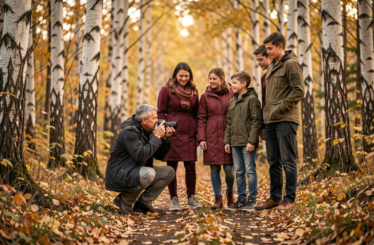 Photographe et famille choisissant un décor naturel en forêt pour une séance photo d'automne