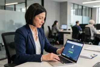 Employée SNCF consultant un portail sécurisé de gestion de paie sur son ordinateur portable au bureau