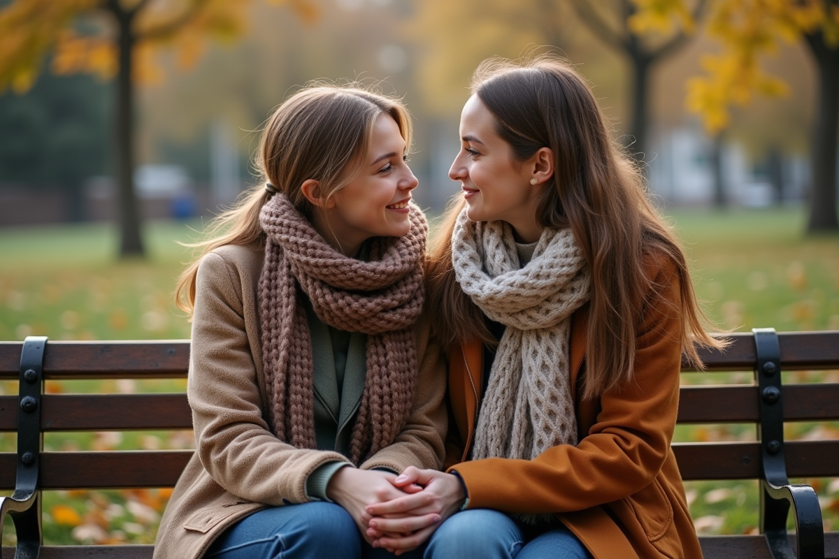 Deux soeurs discutant sur un banc dans un parc en automne