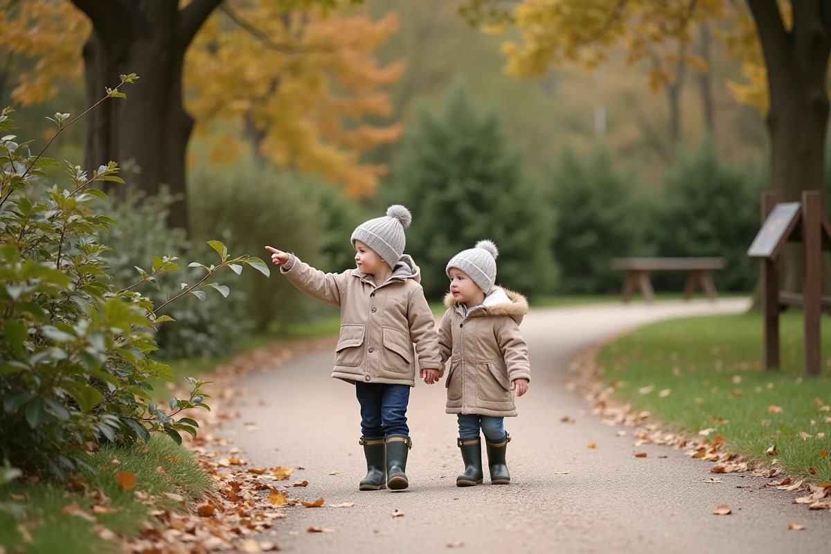 Deux enfants de 3 et 5 ans explorant un jardin botanique paisible en banlieue parisienne lors d'une sortie nature pour enfants sensibles